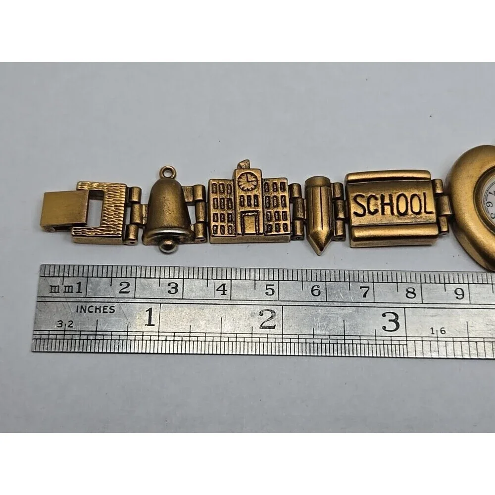 Teacher Apple Bracelet Watch Schoolhouse Charm Gold Tone Quartz New Battery Cute